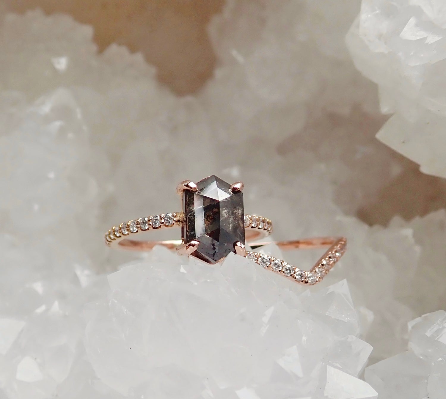 Custom: Elongated Hexagon Cut, Salt and Pepper Diamond Engagement Ring - mossNstone