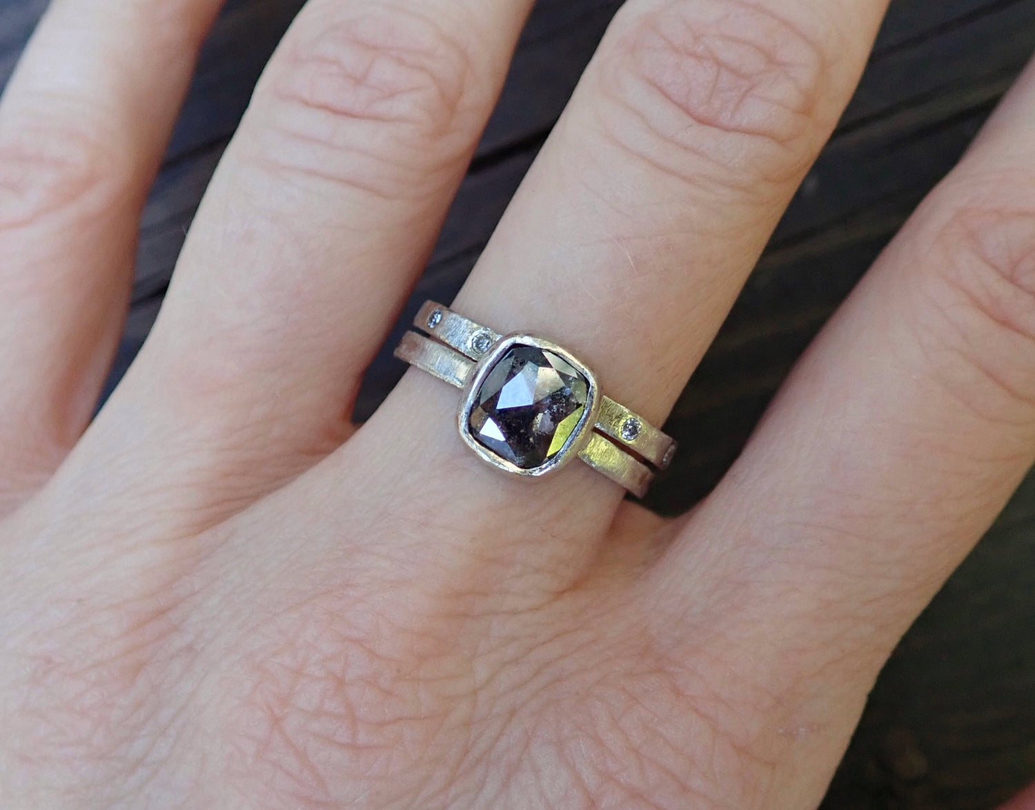 Custom: Cushion and Oval, Rose Cut Salt and Pepper Diamond Ring mossNstone