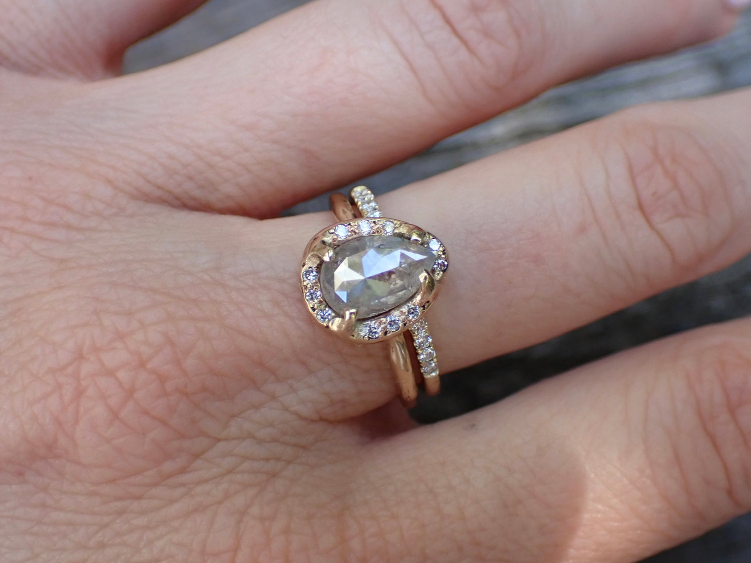 Icy White Salt and Pepper Pear Diamond Ring, in a Molten Diamond Halo - Salt and Pepper Diamond Ring- mossNstone