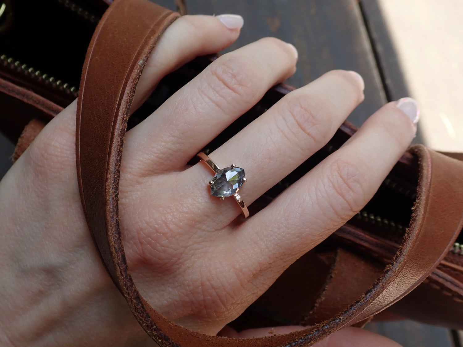 2.07ct Salt and Pepper Marquis Diamond Solitaire Ring 14k Rose Gold - Salt and Pepper Diamond Ring- mossNstone