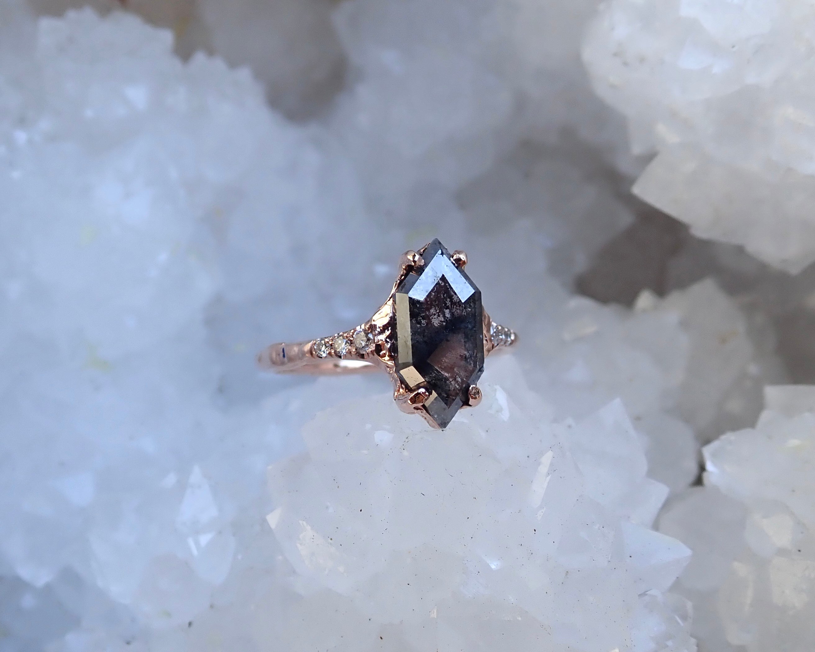 Salt and Pepper,  Elongated Hexagon, Black Diamond, 14k Rose Gold - Salt and Pepper Diamond Ring- mossNstone
