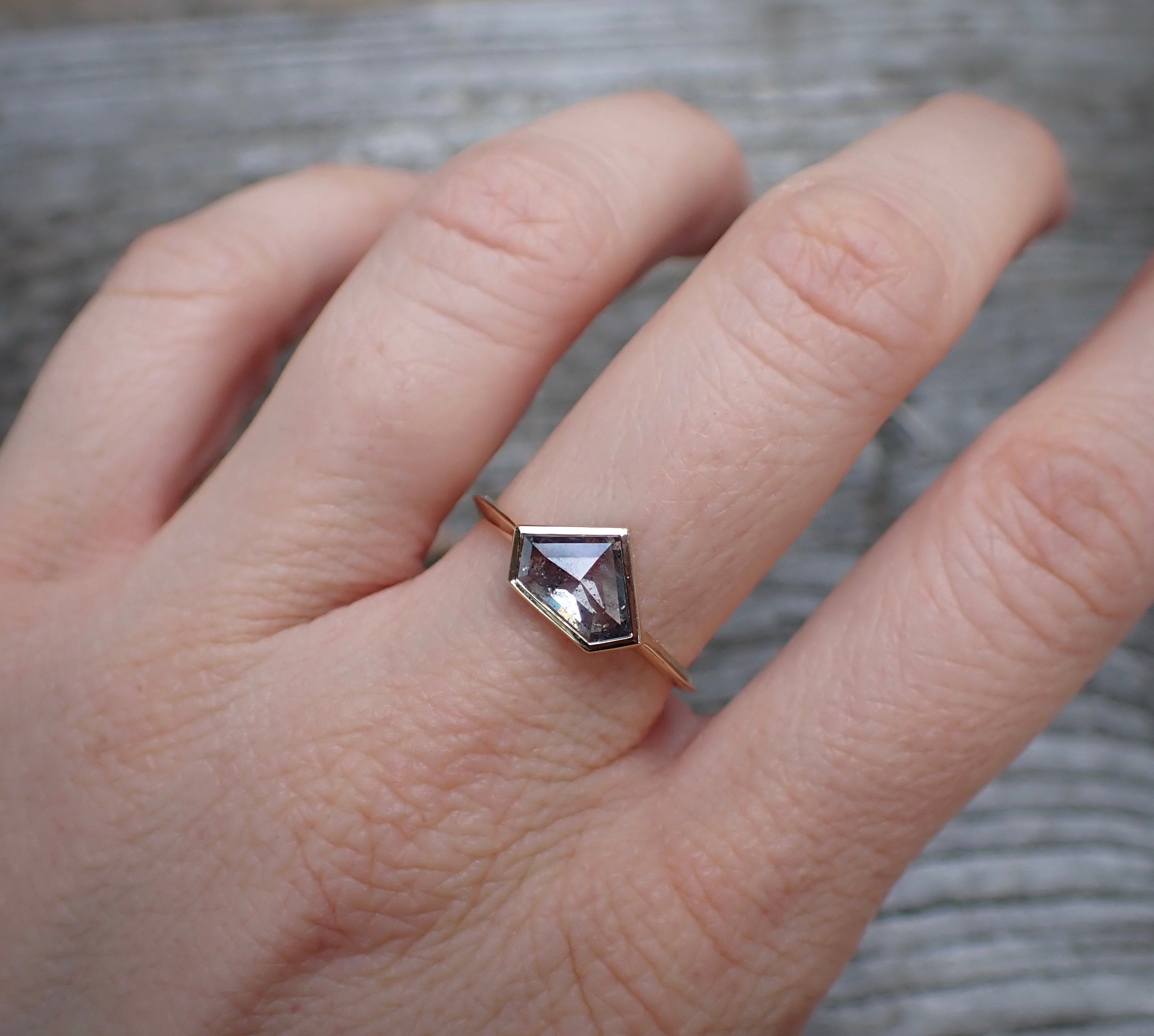 Shield Cut Salt and Pepper Diamond Ring - Salt and Pepper Diamond Ring- mossNstone