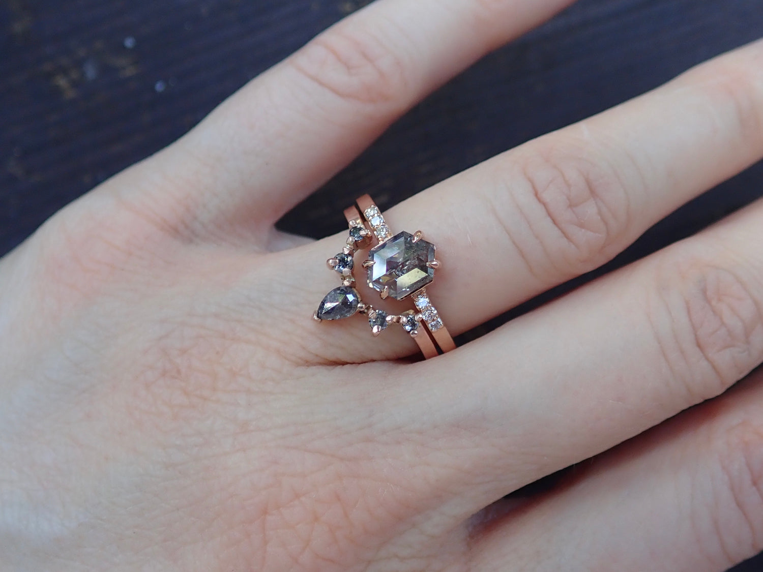 Inverted Diamond Crown Ring - Salt and Pepper Diamond Ring- mossNstone