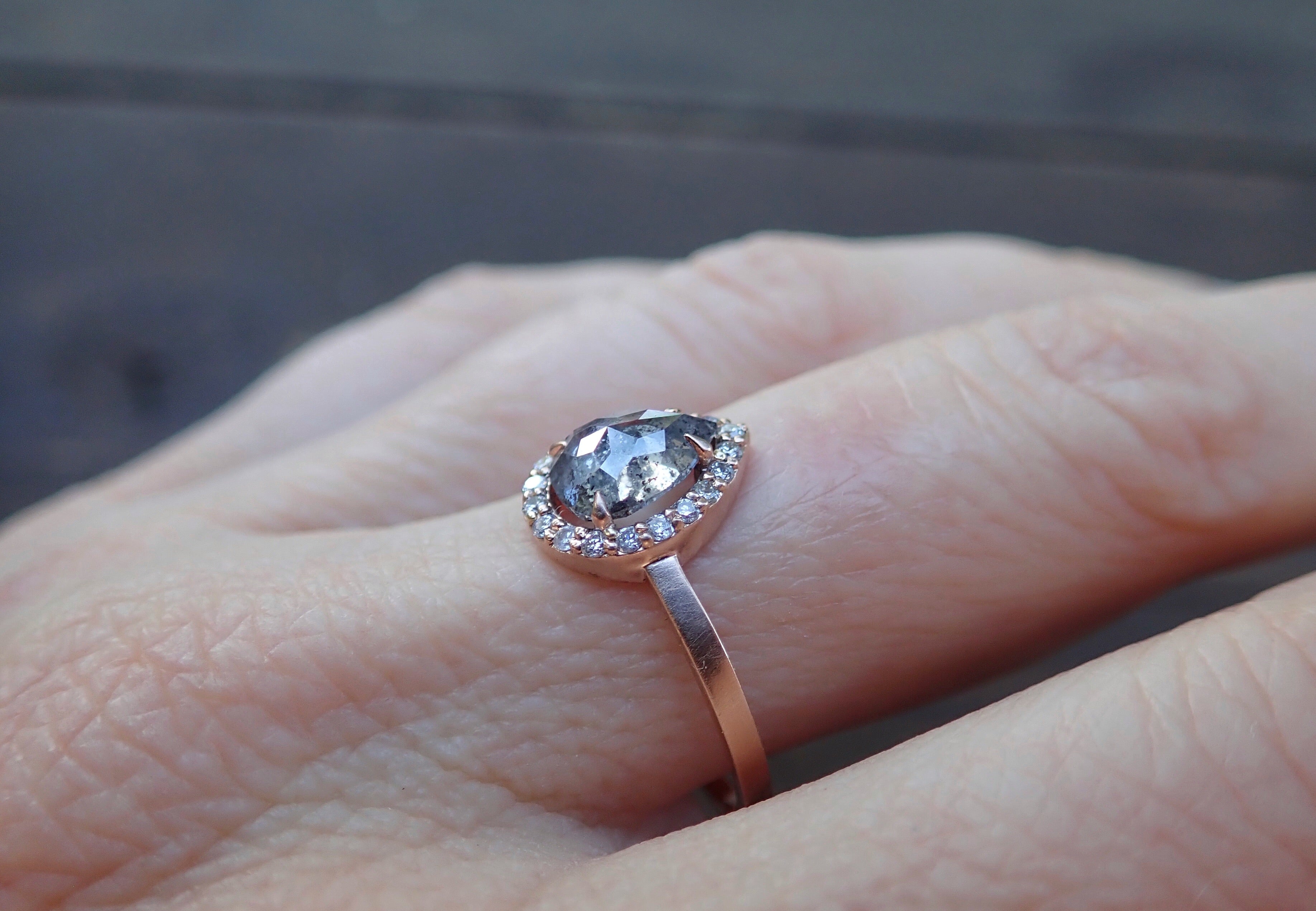 Halo Salt and Pepper Pear Diamond Ring 14k Rose Gold - Salt and Pepper Diamond Ring- mossNstone