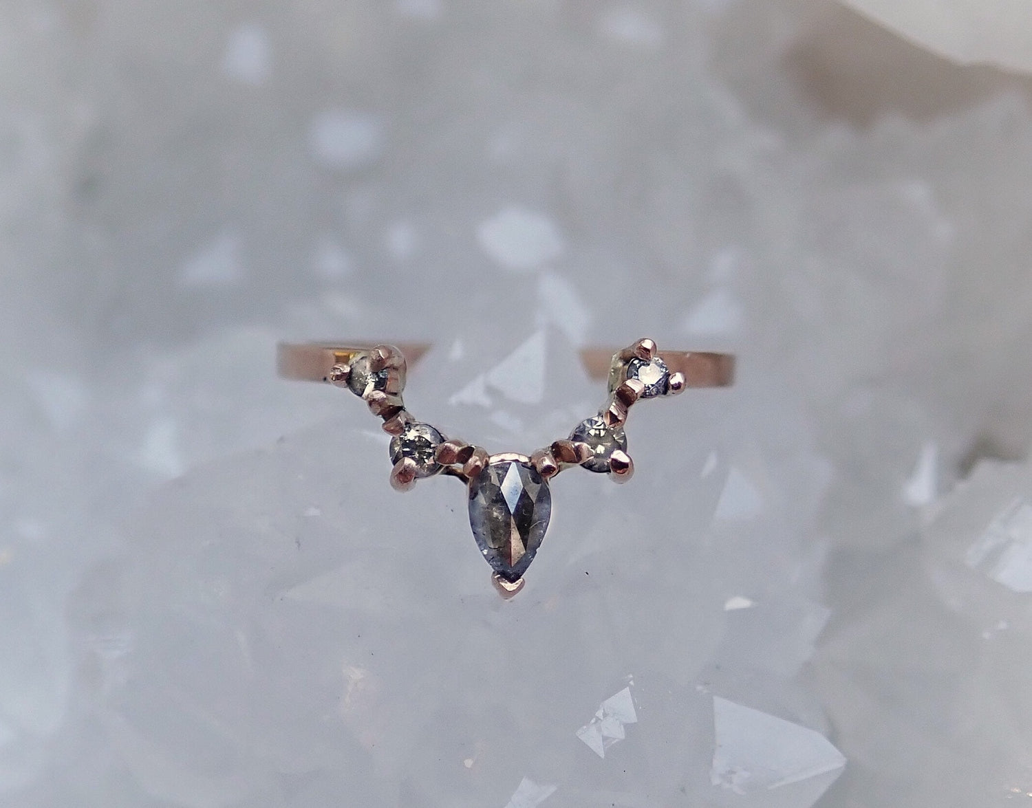 Inverted Diamond Crown Ring - Salt and Pepper Diamond Ring- mossNstone