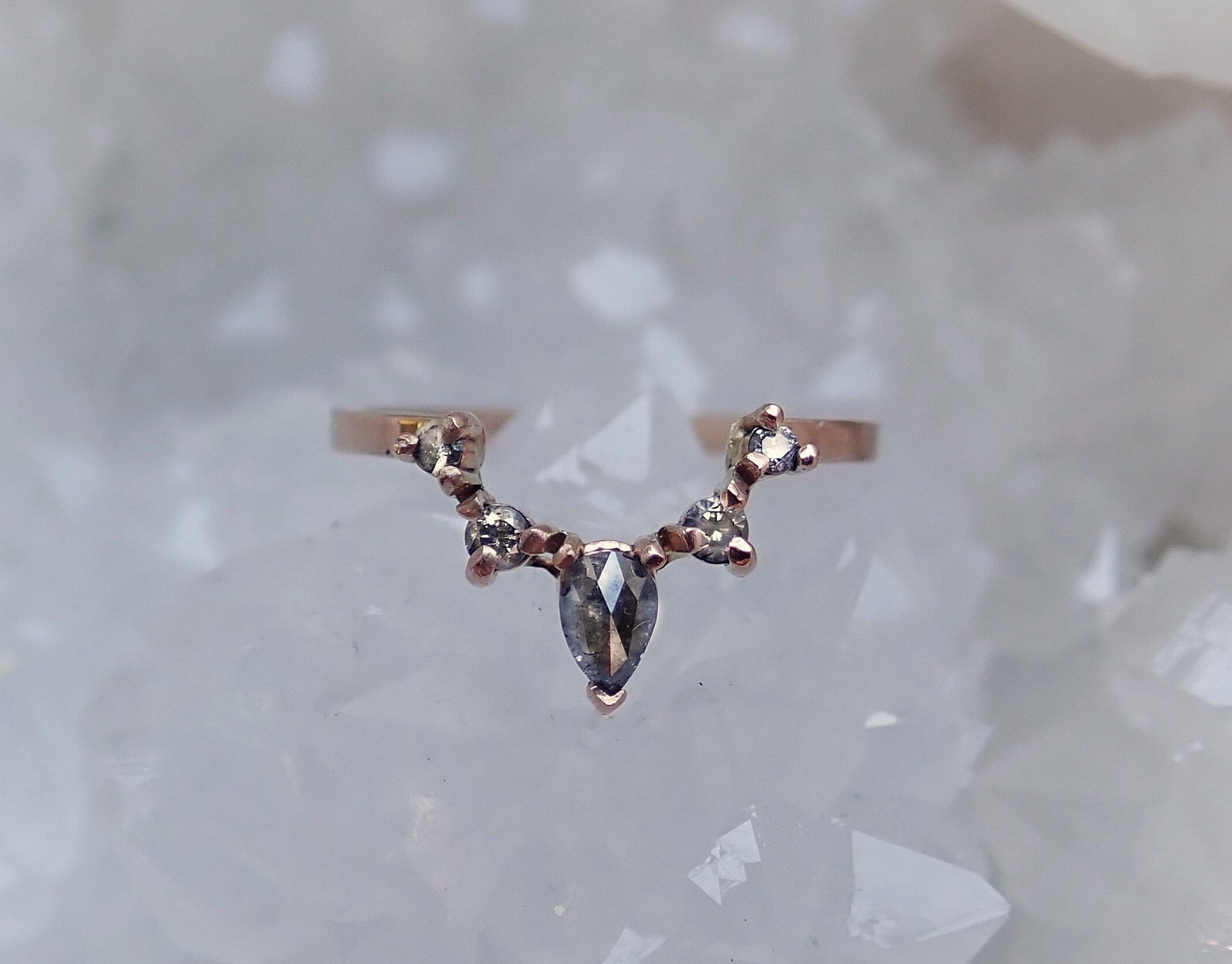 Inverted Diamond Crown Ring - Salt and Pepper Diamond Ring- mossNstone