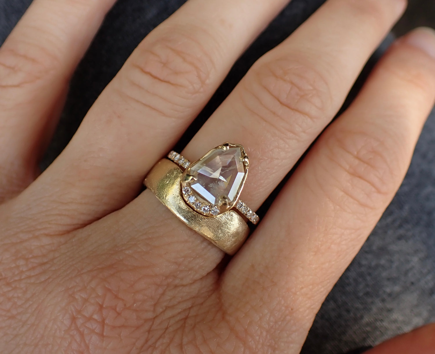 Icy White Shield Cut Diamond Ring - Salt and Pepper Diamond Ring- mossNstone