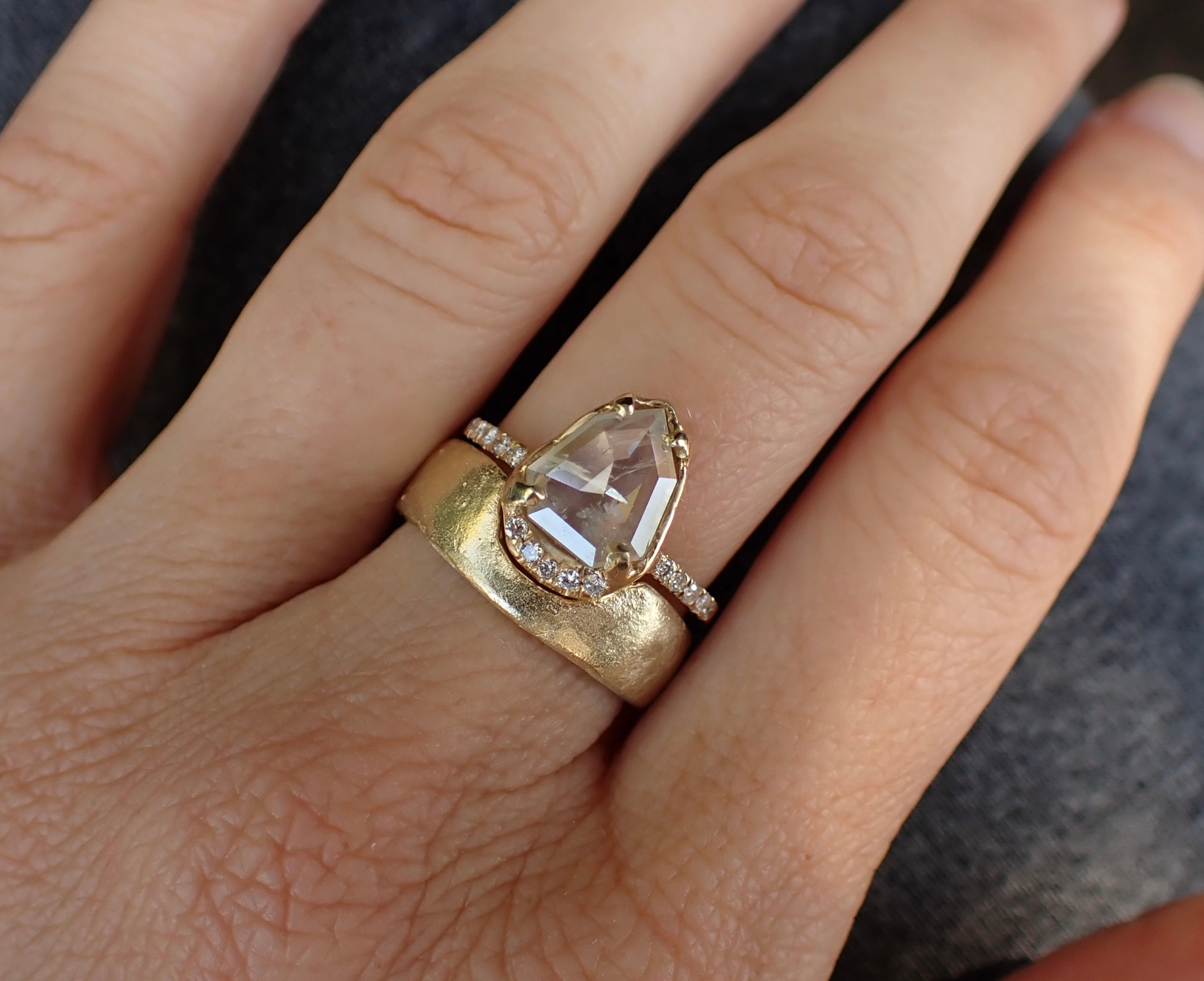 Icy White Shield Cut Diamond Ring - Salt and Pepper Diamond Ring- mossNstone