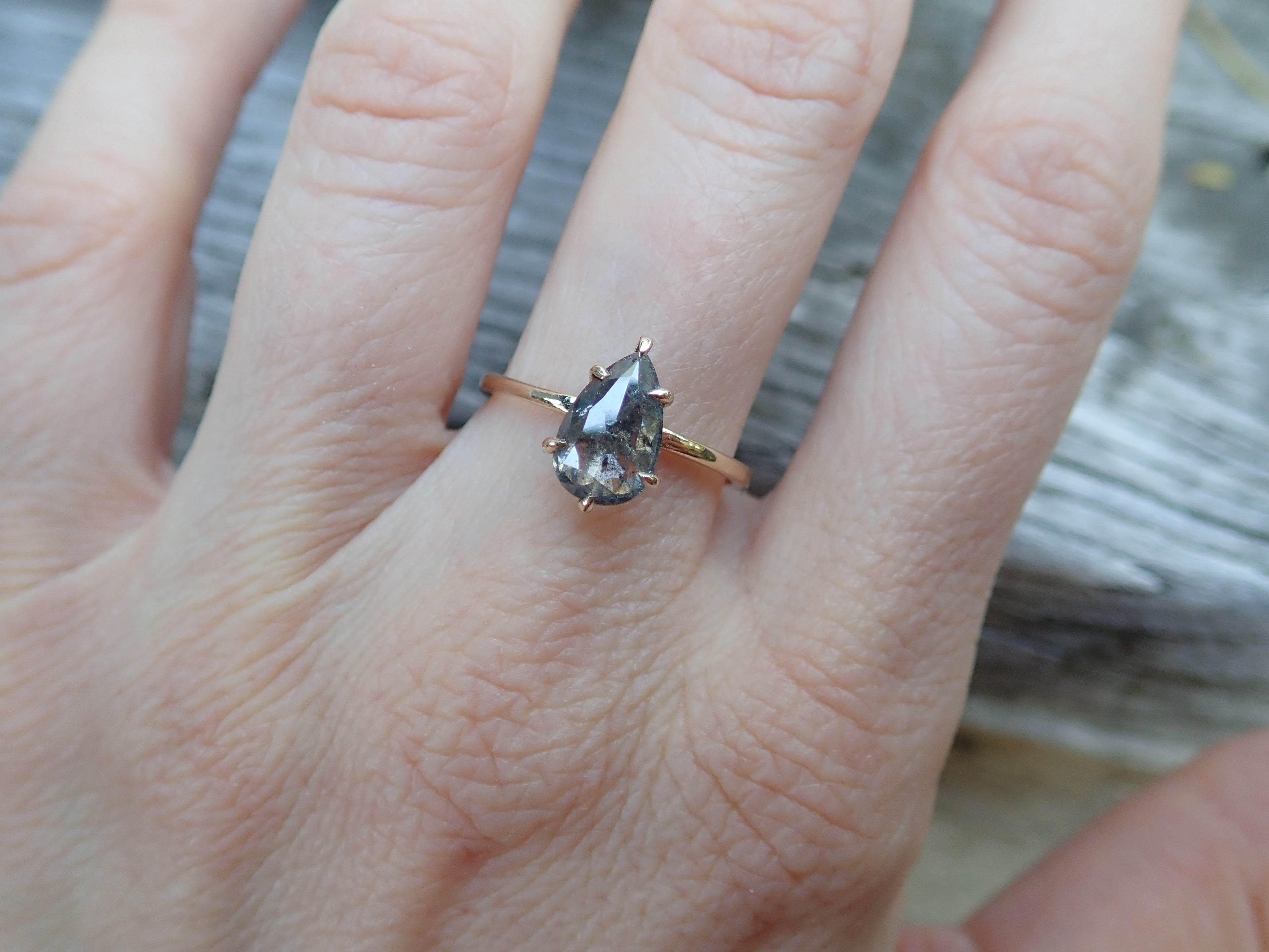 Salt and Pepper Pear Diamond Ring 14k yellow Gold, Six Prong Setting - mossNstone