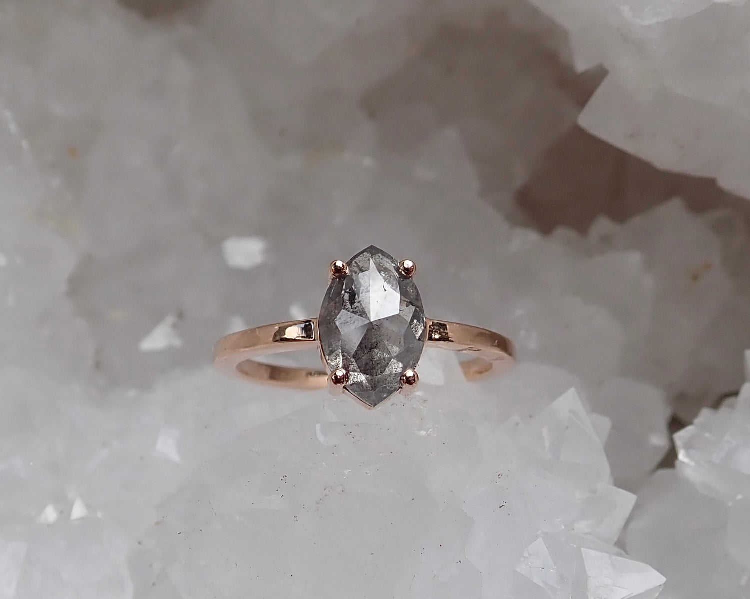 2.07ct Salt and Pepper Marquis Diamond Solitaire Ring 14k Rose Gold - Salt and Pepper Diamond Ring- mossNstone