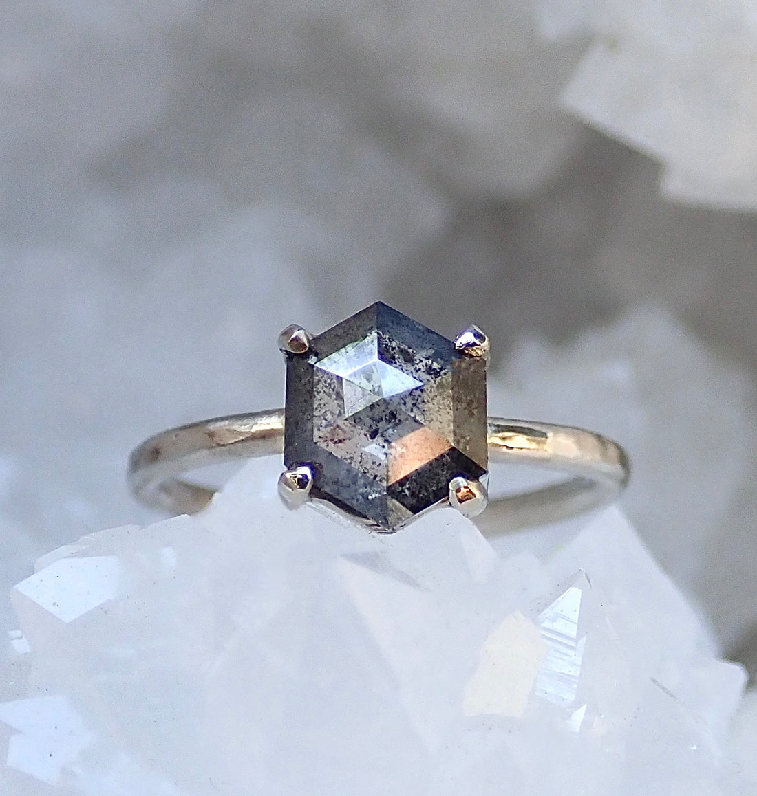 Custom: Hexagon Salt and Pepper Diamond Ring - Salt and Pepper Diamond Ring- mossNstone