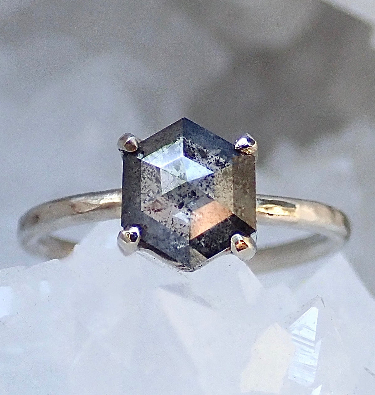 Custom: Hexagon Salt and Pepper Diamond Ring mossNstone