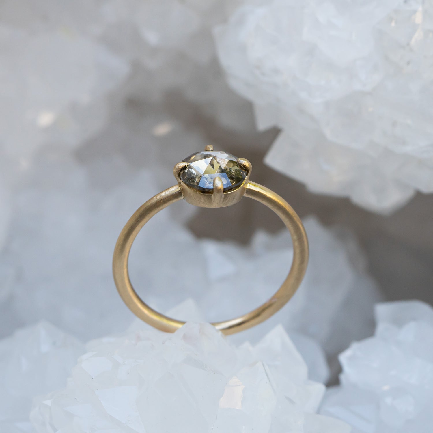 Round Salt and Pepper Diamond Ring, Rose Cut Compass Ring - Salt and Pepper Diamond Ring- mossNstone