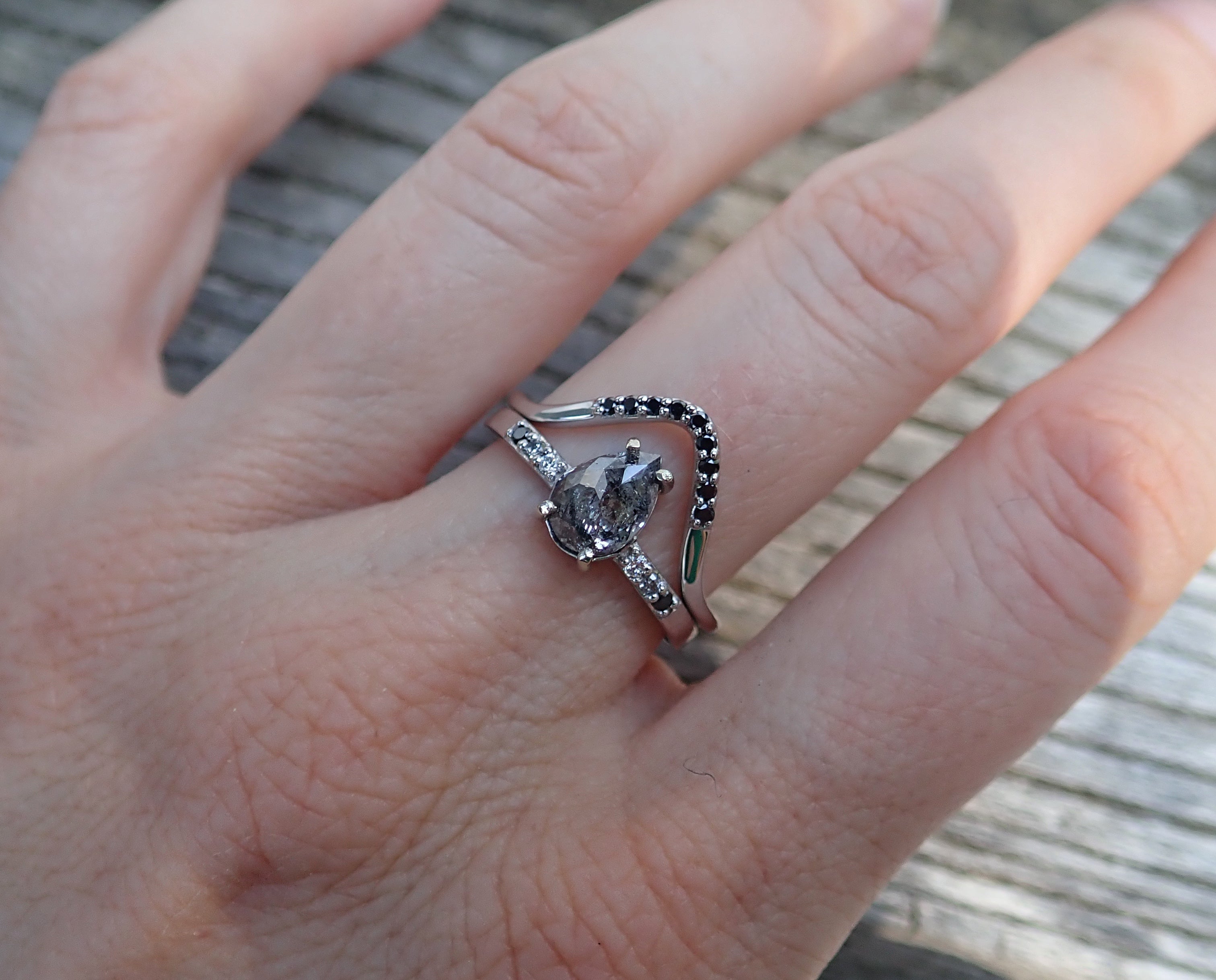 Diamond Accent Curved Wedding Band - Salt and Pepper Diamond Ring- mossNstone