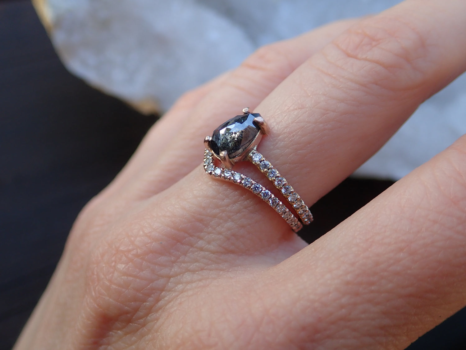 Pavé Chevron Diamond Wedding Band - Salt and Pepper Diamond Ring- mossNstone