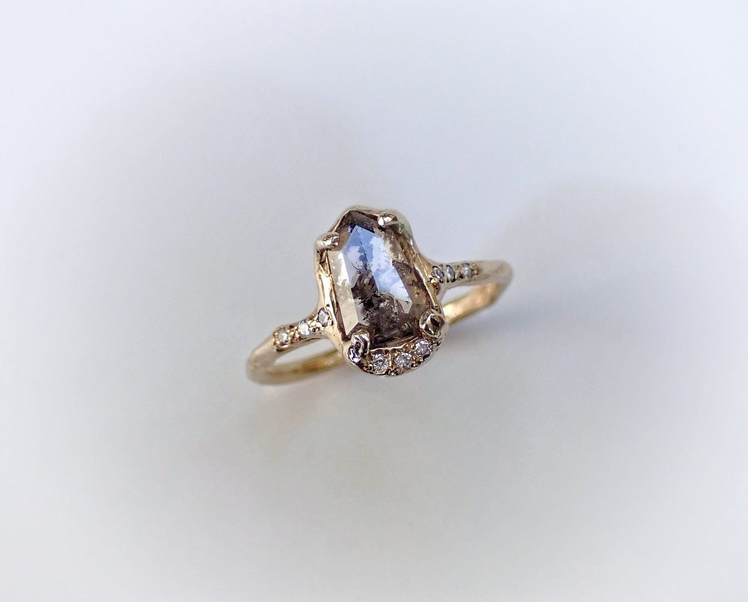 Select Your Own Shield Cut Diamond, 14k Hand Carved Setting - Salt and Pepper Diamond Ring- mossNstone