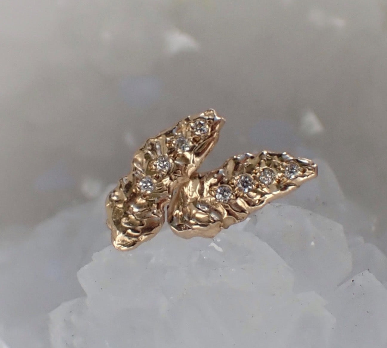 Leaf + diamond accent studs, hand carved, 14k gold - mossNstone