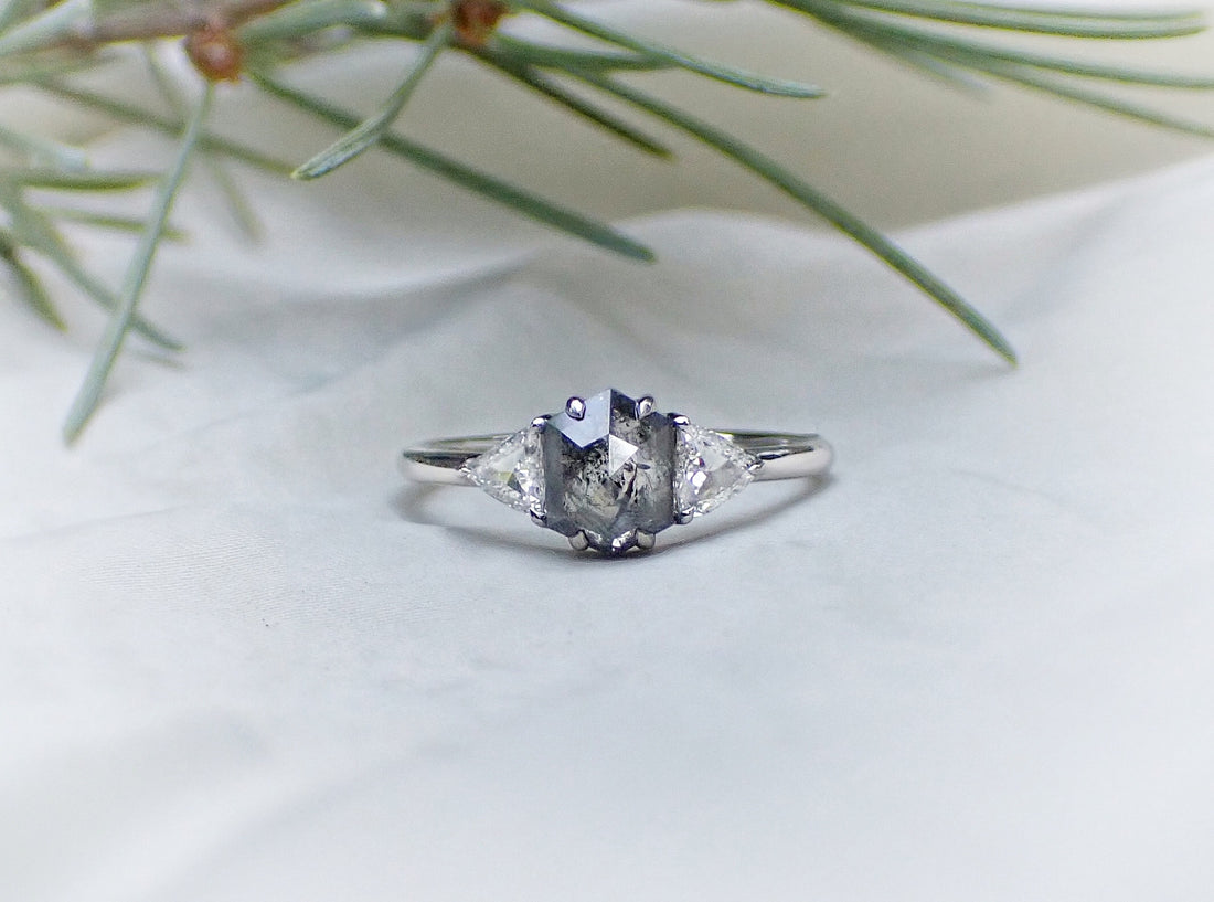 Salt and Pepper Hexagon Diamond Ring, 14k White Gold - Salt and Pepper Diamond Ring- mossNstone