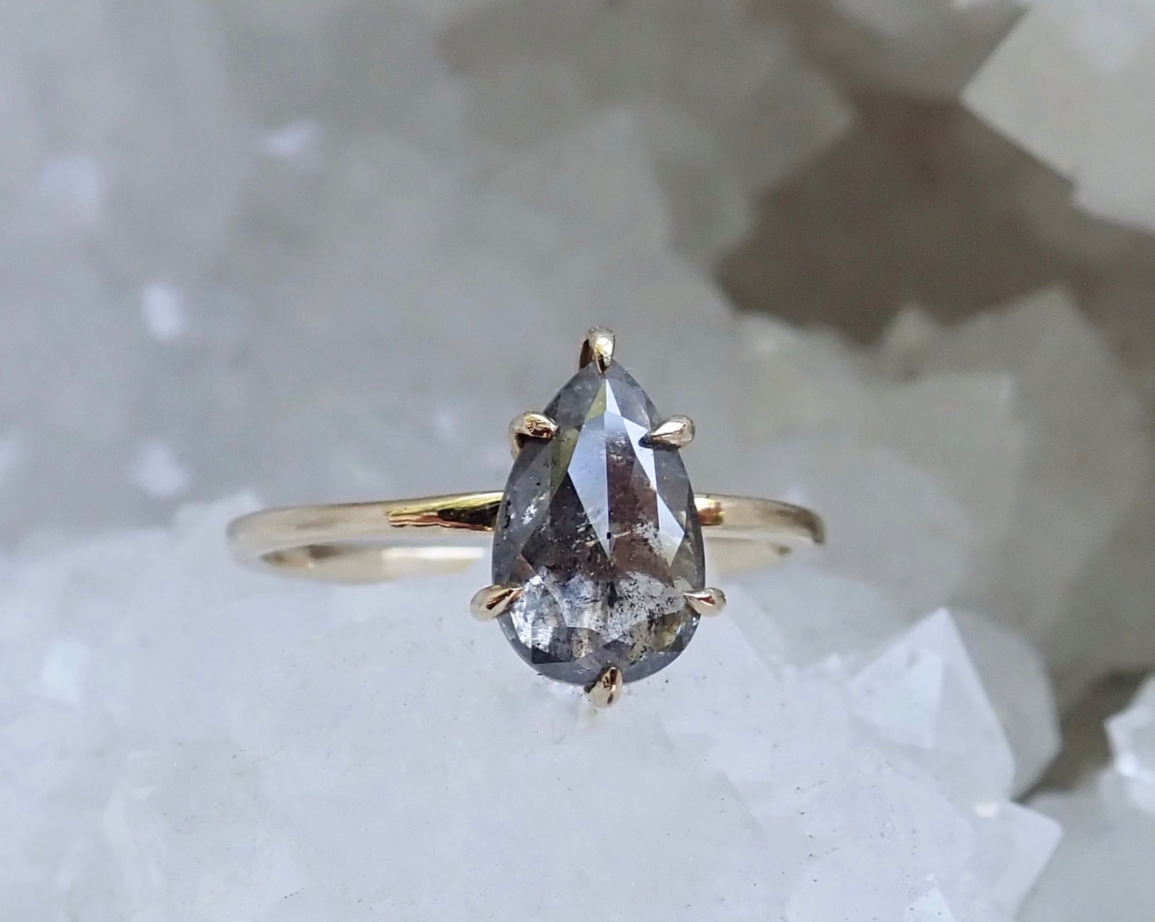 Salt and Pepper Pear Diamond Ring 14k yellow Gold, Six Prong Setting - mossNstone