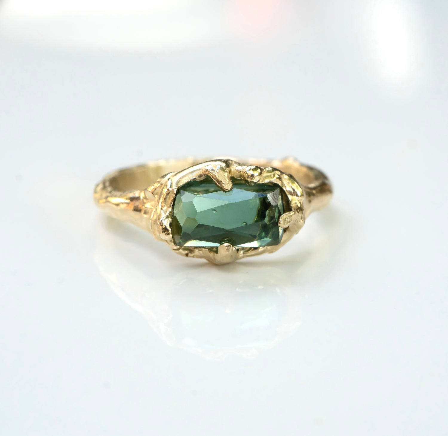 Mermaid Green Tourmaline Ring in 14k Gold Setting - Salt and Pepper Diamond Ring- mossNstone