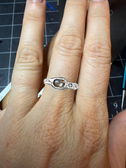Custom Oval Salt and Pepper Diamond Ring / Molten Sterling