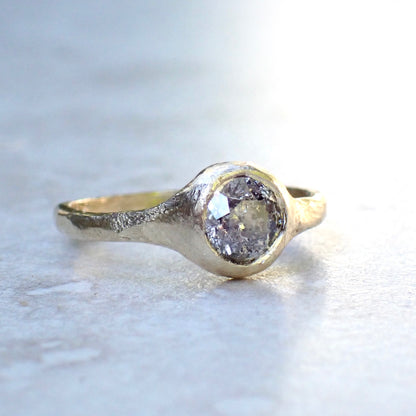Salt and Pepper Brilliant Cut Diamond, Signet Ring, Hand Carved Rustic Bezel Setting