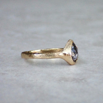 Salt and Pepper Pear Diamond, Signet Ring, Hand Carved Rustic Bezel Setting