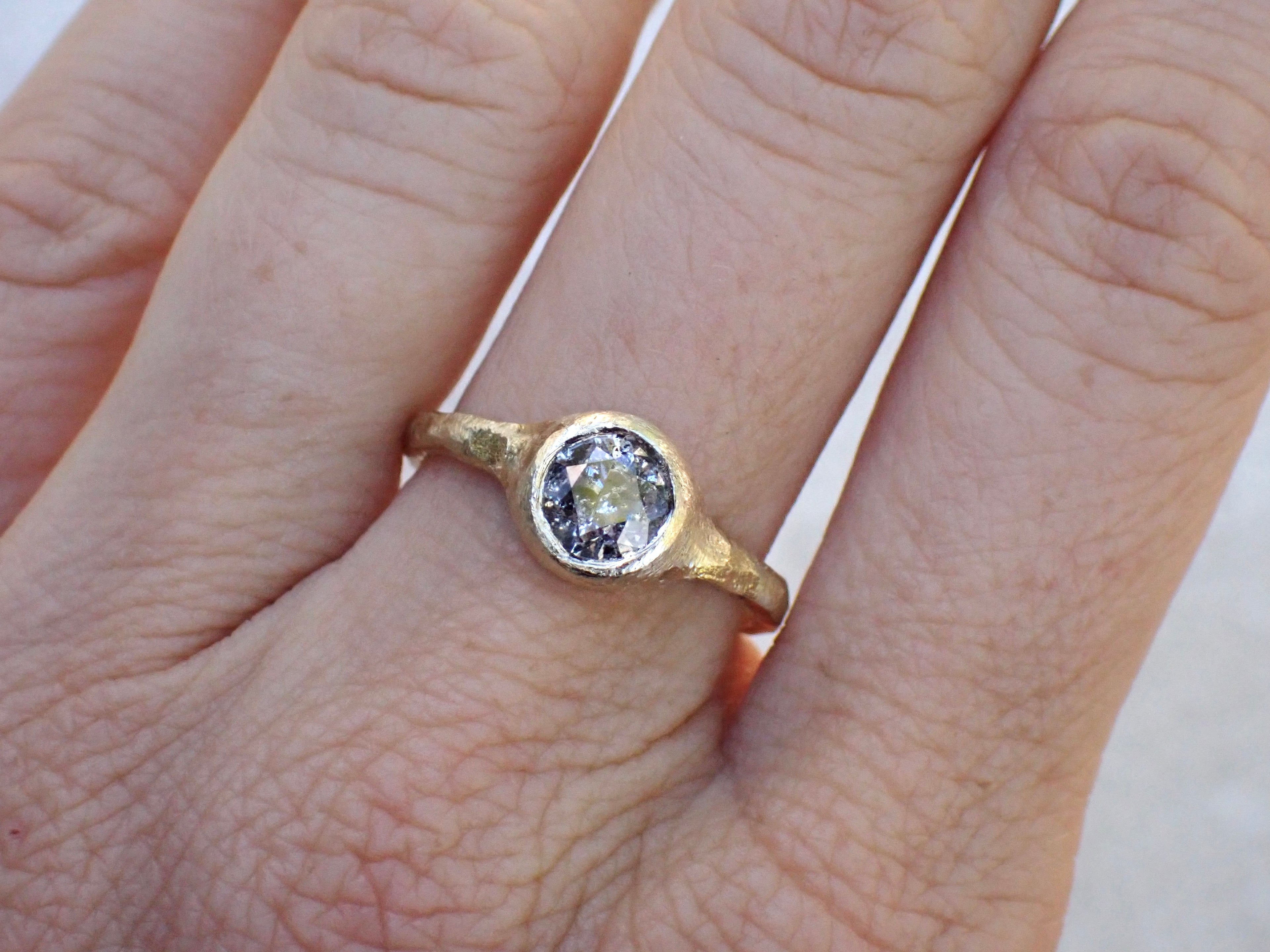 Salt and Pepper Brilliant Cut Diamond, Signet Ring, Hand Carved Rustic Bezel Setting