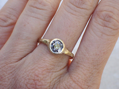 Salt and Pepper Brilliant Cut Diamond, Signet Ring, Hand Carved Rustic Bezel Setting