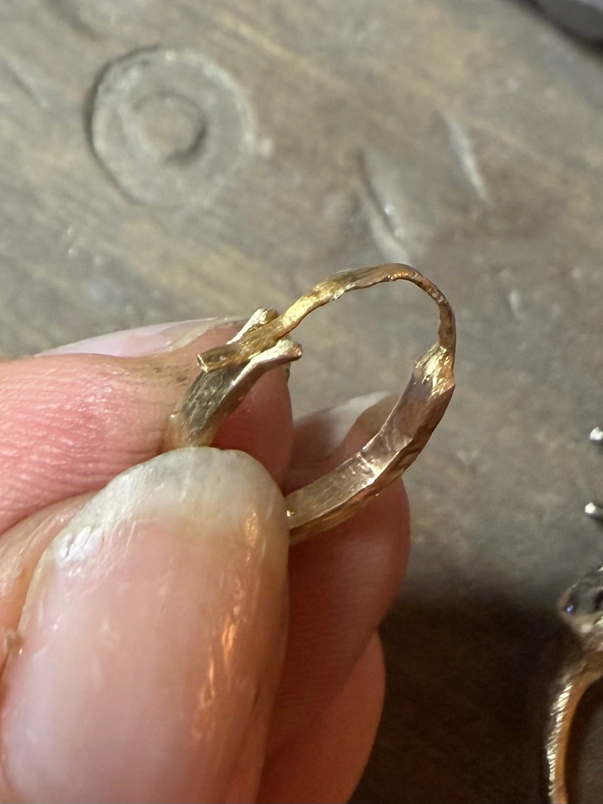 Custom 14k hammered huggie hoops, with Black Diamond Accents