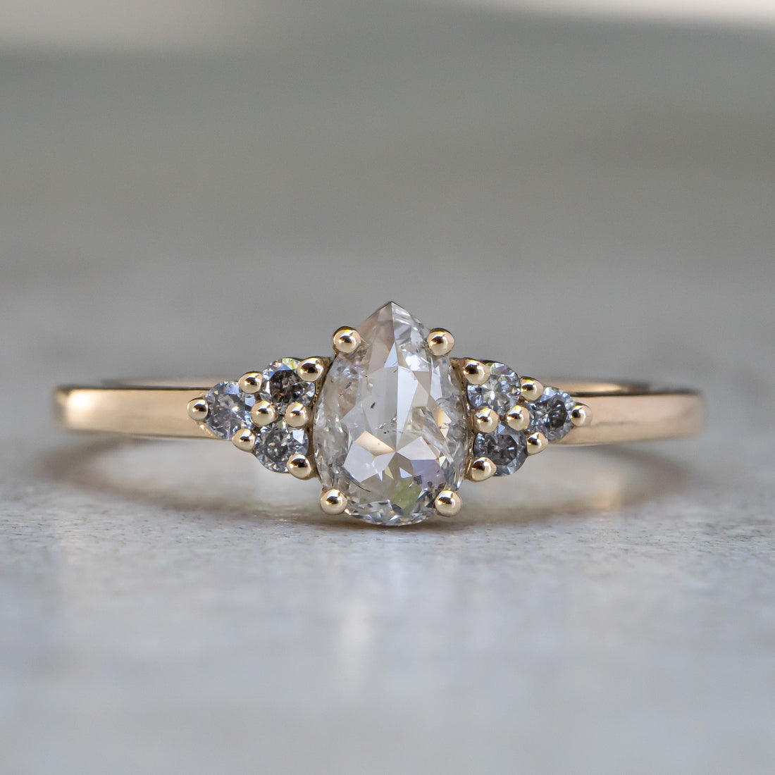 Icy White Pear Diamond Ring with Cluster Accents - Salt and Pepper Diamond Ring- mossNstone