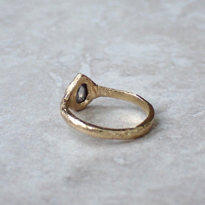 Salt and Pepper Pear Diamond, Signet Ring, Hand Carved Rustic Bezel Setting