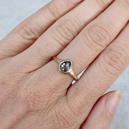 Salt and Pepper Pear Diamond, Signet Ring, Hand Carved Rustic Setting