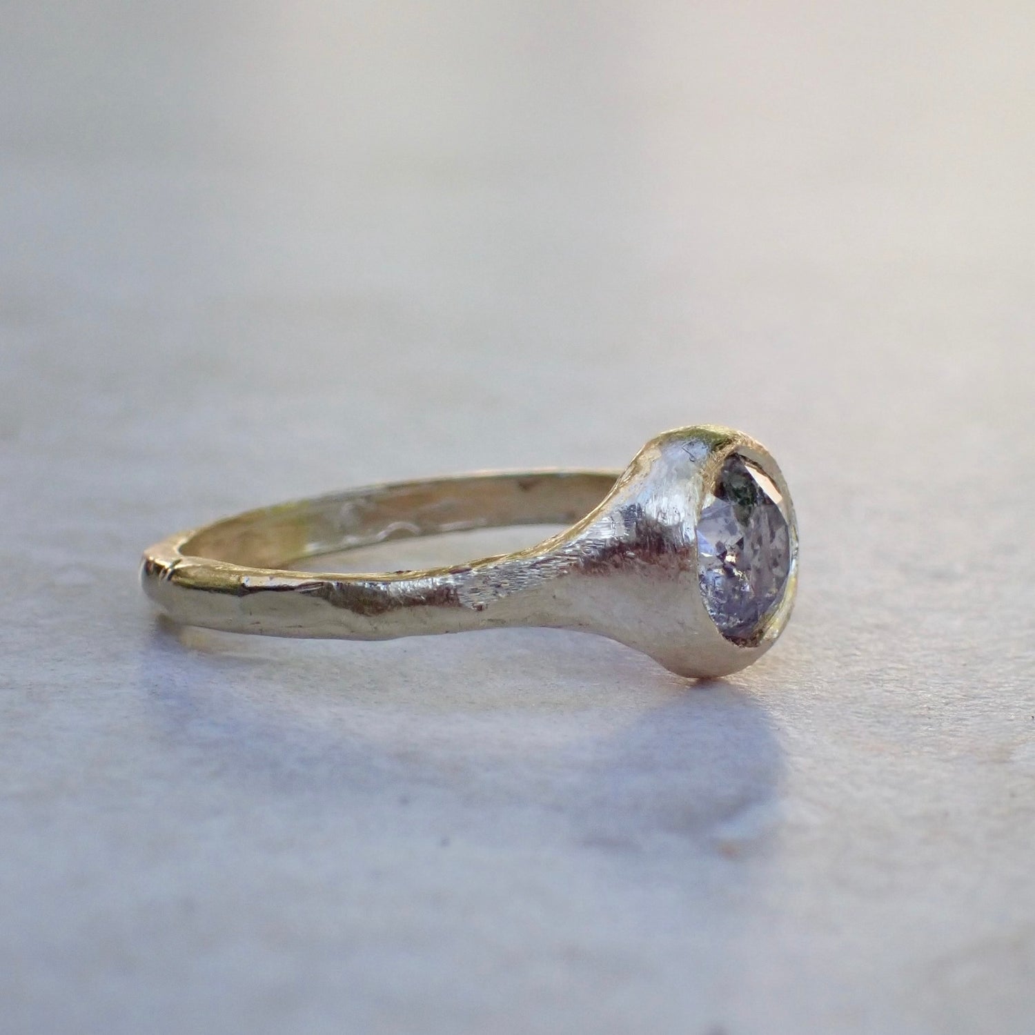 Salt and Pepper Brilliant Cut Diamond, Signet Ring, Hand Carved Rustic Bezel Setting