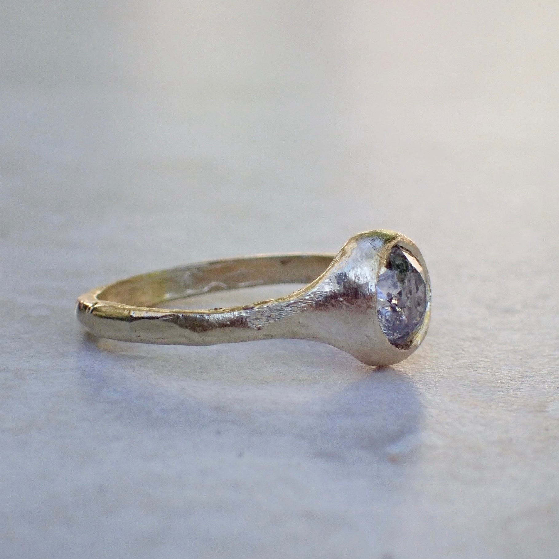 Salt and Pepper Brilliant Cut Diamond, Signet Ring, Hand Carved Rustic Bezel Setting