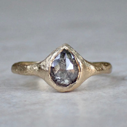 Salt and Pepper Pear Diamond, Signet Ring, Hand Carved Rustic Setting