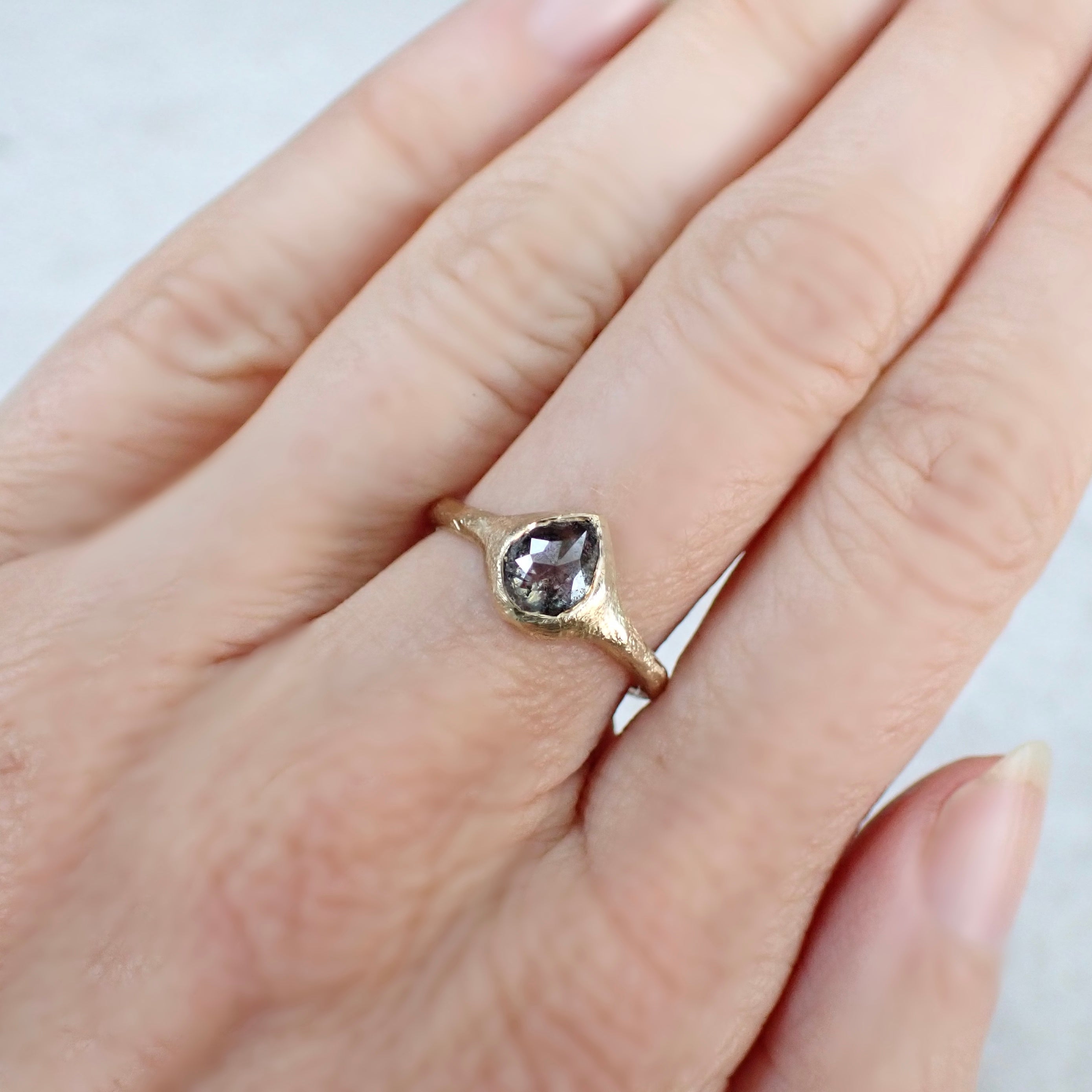 Salt and Pepper Pear Diamond, Signet Ring, Hand Carved Rustic Setting