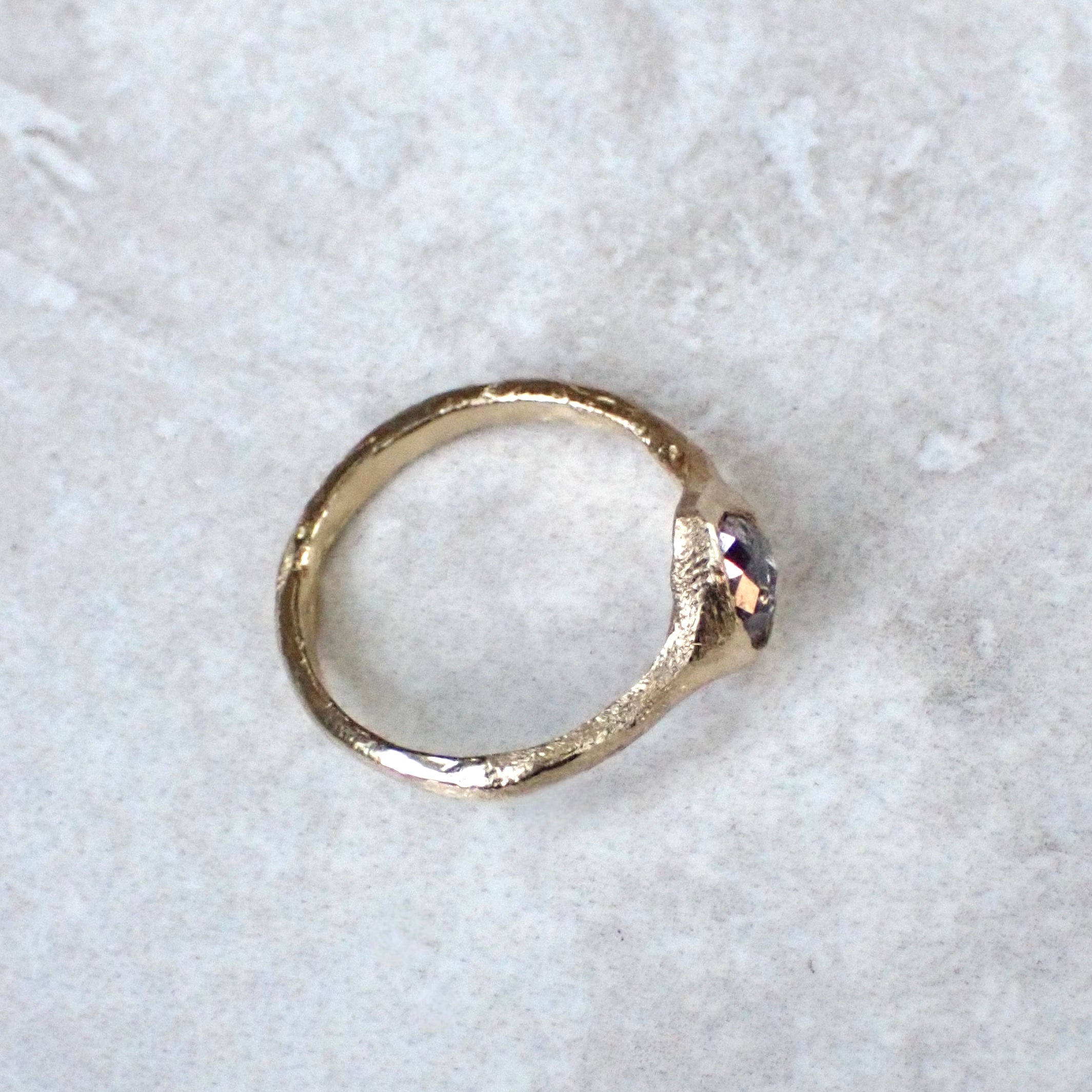 Salt and Pepper Pear Diamond, Signet Ring, Hand Carved Rustic Bezel Setting