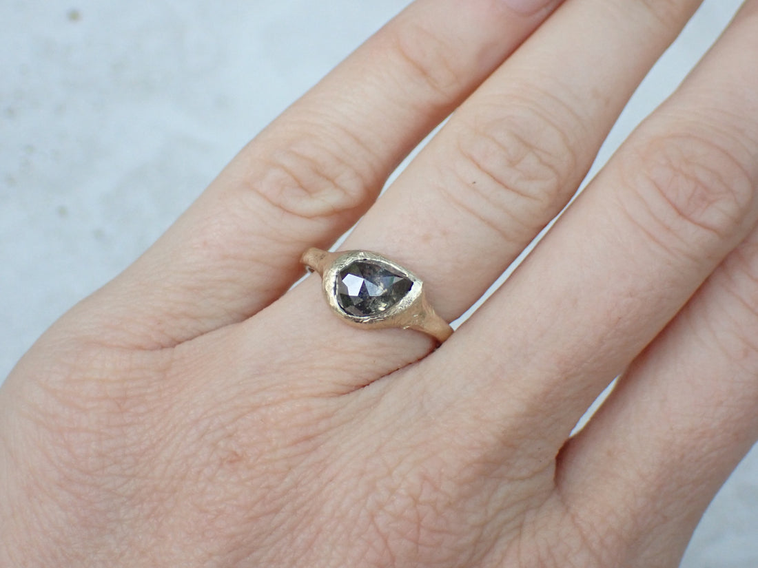 Slanted Pear, Salt and Pepper Signent Style Diamond Engagement Ring in Raw Gold