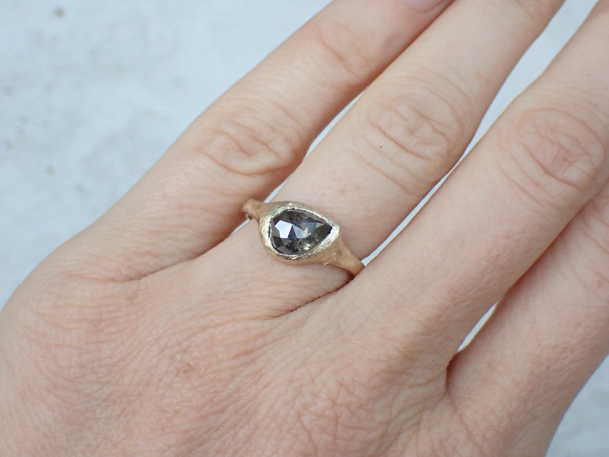 Slanted Pear, Salt and Pepper Signent Style Diamond Engagement Ring in Raw Gold