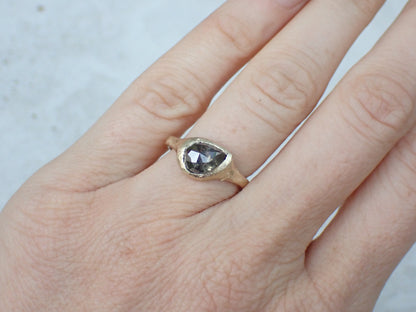 Slanted Pear, Salt and Pepper Signent Style Diamond Engagement Ring in Raw Gold