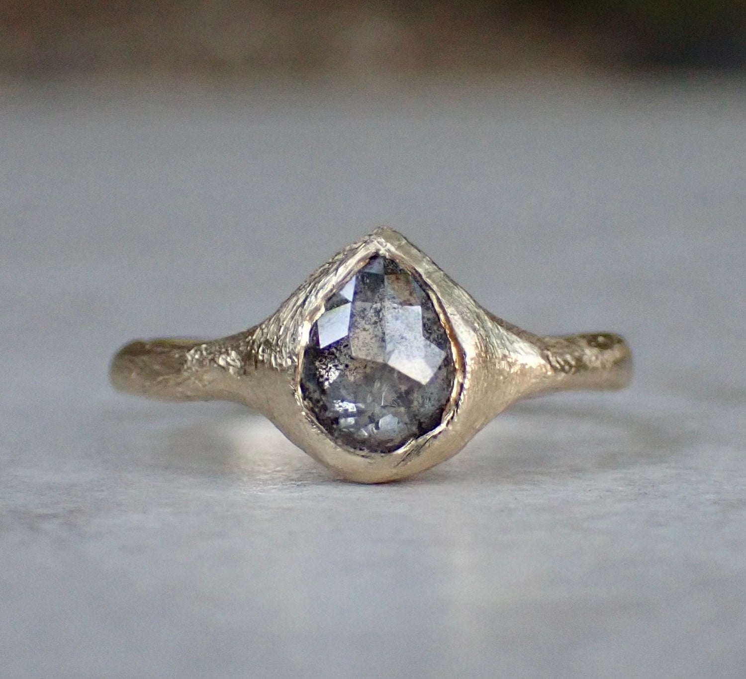 Salt and Pepper Pear Diamond, Signet Ring, Hand Carved Rustic Setting
