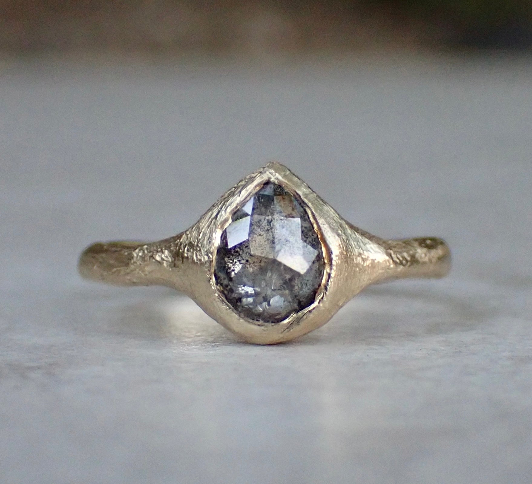 Salt and Pepper Pear Diamond, Signet Ring, Hand Carved Rustic Setting