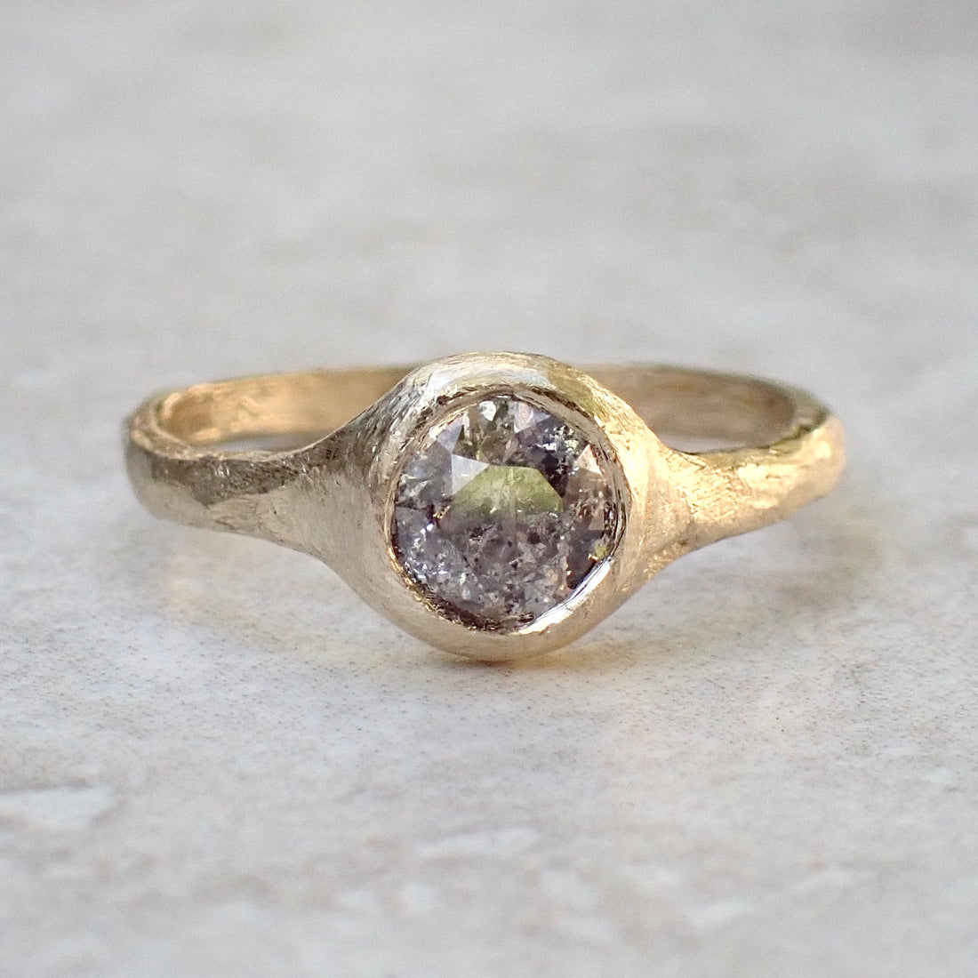 Salt and Pepper Brilliant Cut Diamond, Signet Ring, Hand Carved Rustic Bezel Setting
