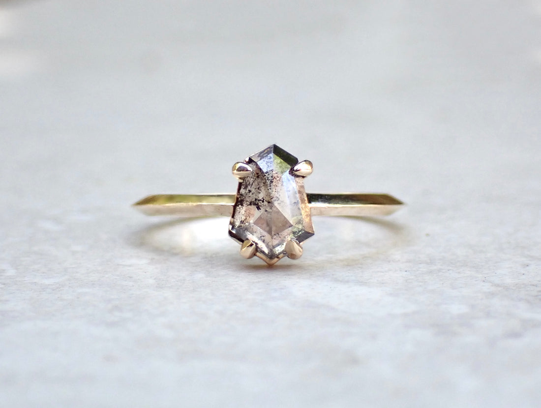 Custom Shield Cut Salt and Pepper Diamond Ring