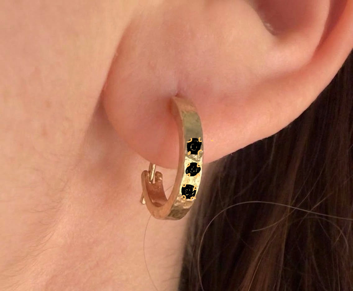Custom 14k hammered huggie hoops, with Black Diamond Accents