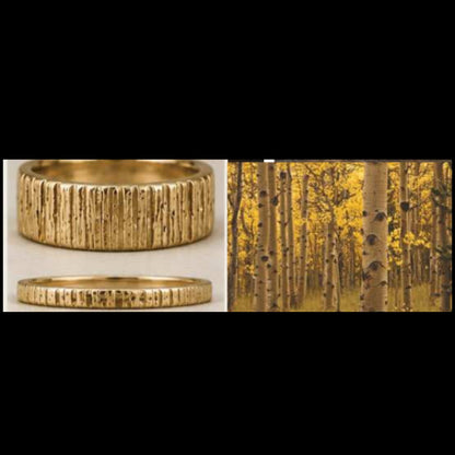Custom Aspen Style Textured Tree Bark Wedding Ring Set