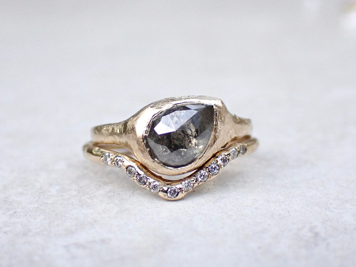Slanted Pear, Salt and Pepper Signent Style Diamond Engagement Ring in Raw Gold