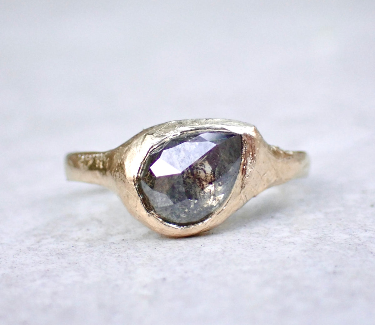 Slanted Pear, Salt and Pepper Signent Style Diamond Engagement Ring in Raw Gold