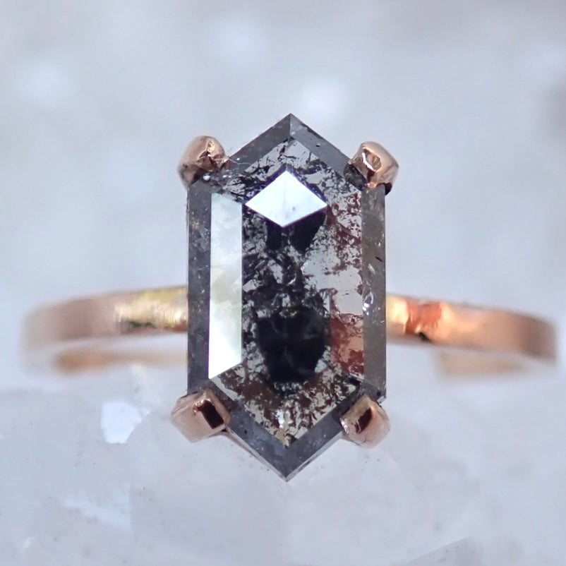 Custom: Elongated Hexagon Cut, Salt and Pepper Diamond Engagement Ring